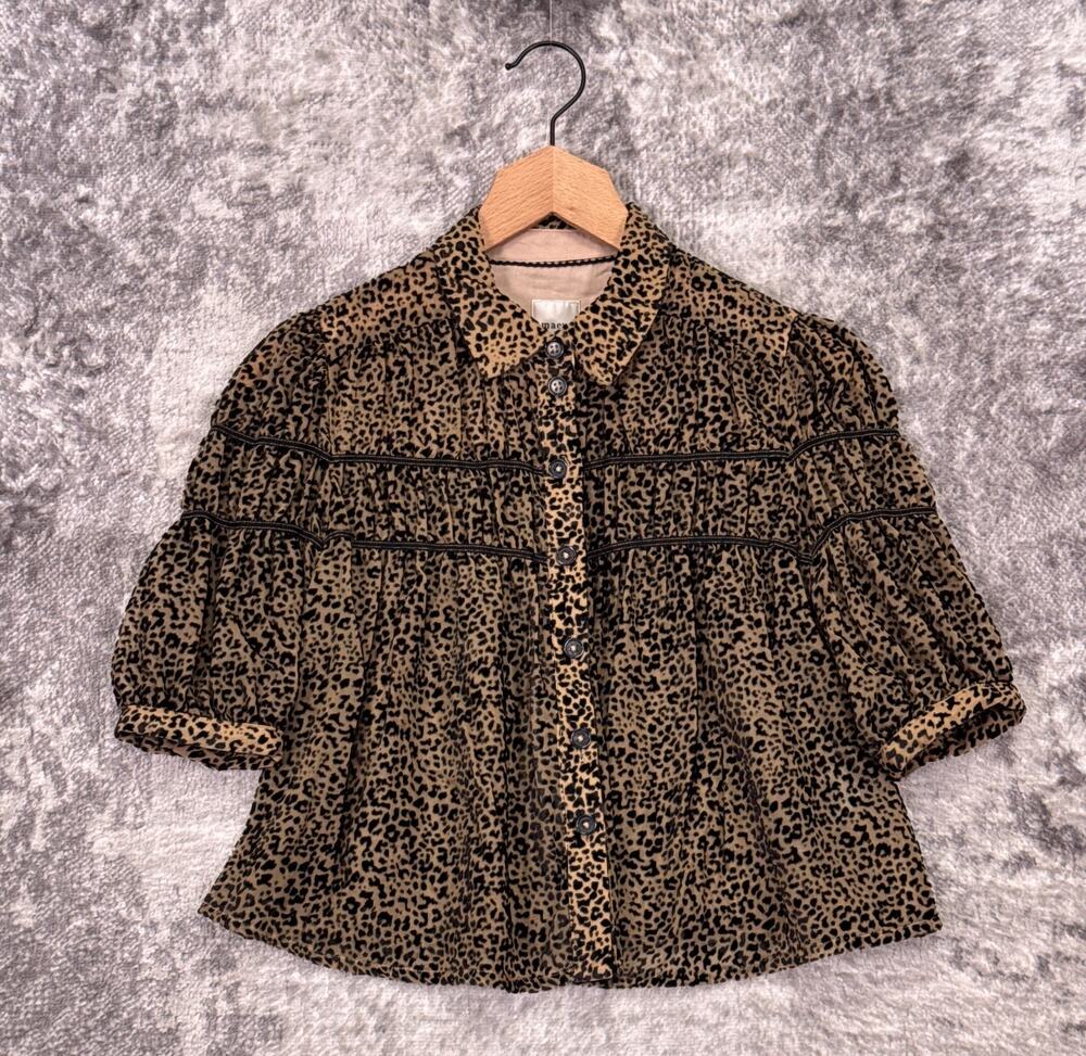 Anthropologie Top XS Womens Maeve Leandra Blouse Velvet Shirred Yoke Leopard